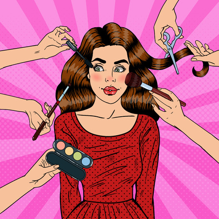 Many Hands Doing Glamour Make up for Young Woman. Pop Art Vector illustrationのイラスト素材