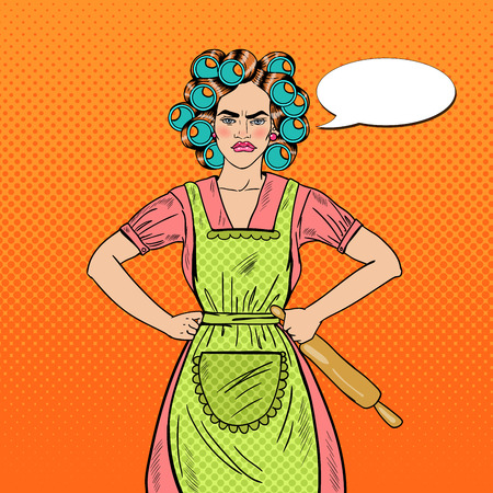 Angry Housewife Pop Art Woman Holding Rolling Pin. Vector illustrationのイラスト素材