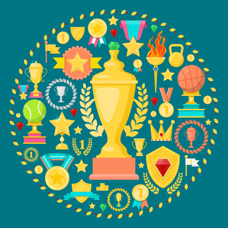 Awards and Trophy Icons with Cup Medal Prize. Winner Champion Concept. Vector illustrationのイラスト素材