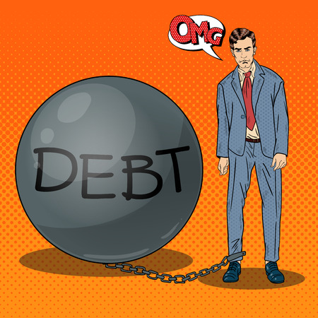 Pop Art Sad Businessman Chained to a Stone Debt Ball. Vector illustrationのイラスト素材