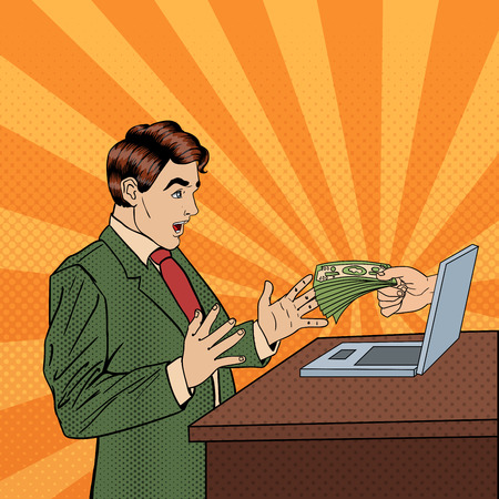 Excited Pop Art Business Man Receiving Money from Laptop. Vector illustrationのイラスト素材