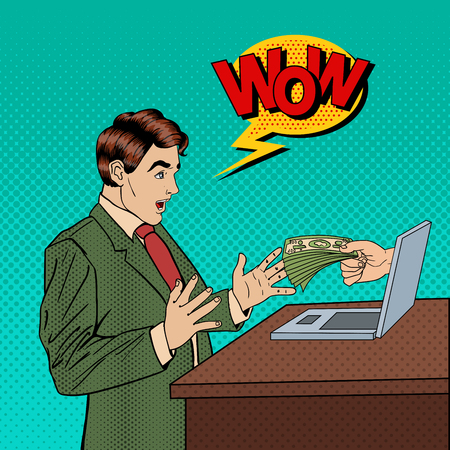 Excited Pop Art Business Man Receiving Money from Laptop. Vector illustrationのイラスト素材