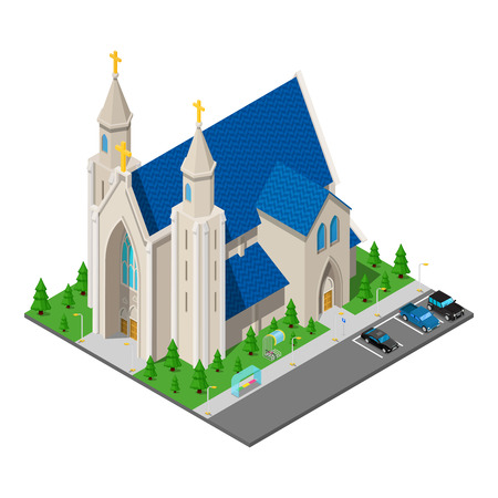 Isometric Christian Catholic Church Building. Vector illustrationのイラスト素材