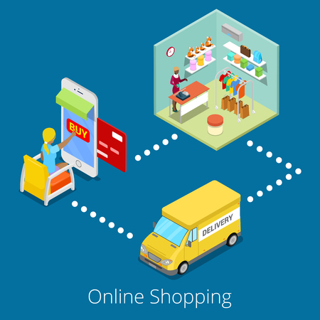Isometric Online Shopping. Flat 3d Woman Buying Clothes in Web Store with Delivery. Vector illustrationのイラスト素材