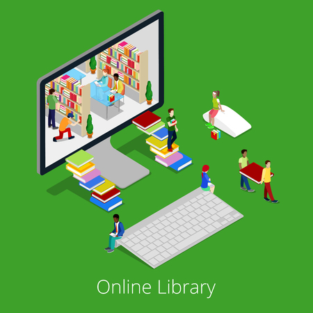 Isometric Online Library. People Reading Books Inside Computer. Flat 3d Educational Concept. Vector illustrationのイラスト素材
