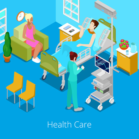 Isometric Hospital Room with Patient and Nurse. Health Care 3d Concept. Vector illustrationのイラスト素材