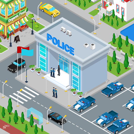 Isometric Police Department Building with Policeman and Police Car. Vector illustrationのイラスト素材