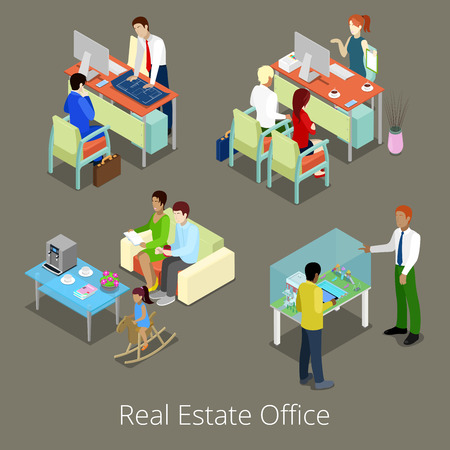 Isometric Real Estate Office. Flat 3d Interior with Managers and Clients. Vector illustrationのイラスト素材