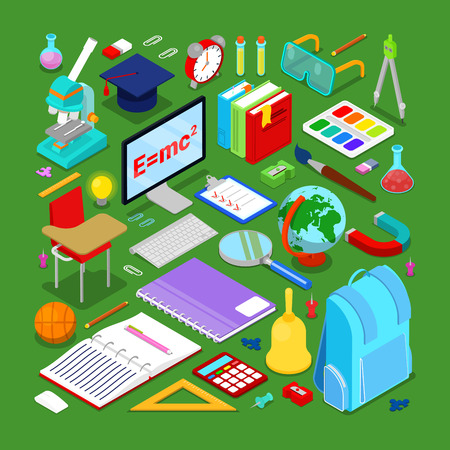 Back to School Educational Concept. Isometric Education Elements with Computer and Science Objects. Vector illustrationのイラスト素材