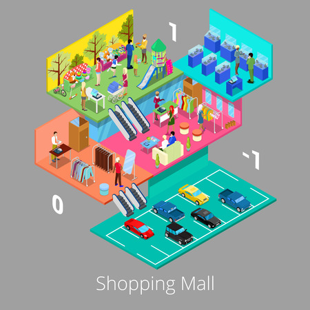 Isometric Shopping Mall Interior with Parking Floor Boutique and Clothes Store. Vector illustrationのイラスト素材