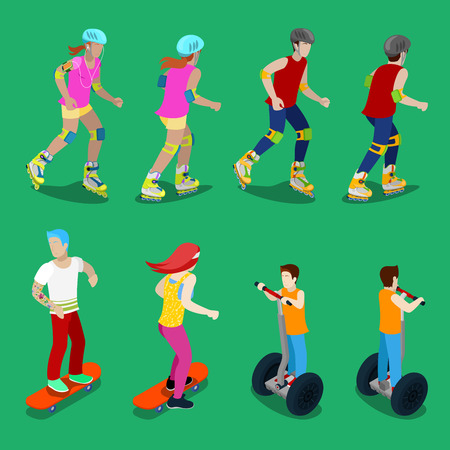 Isometric Active Sporty People on Roller-Skates, Segway and Skateboarding. Vector illustrationのイラスト素材