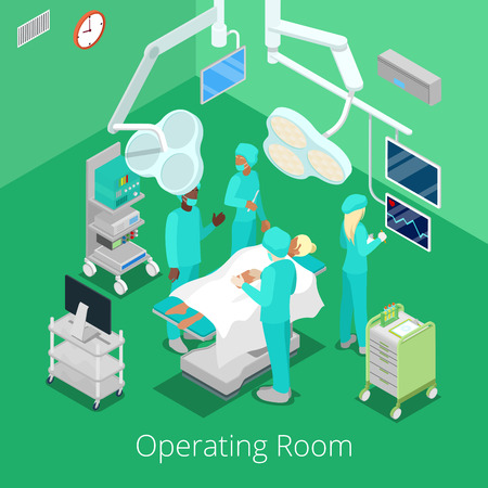 Isometric Surgery Operating Room with Doctors on Operation Process. Vector illustrationのイラスト素材