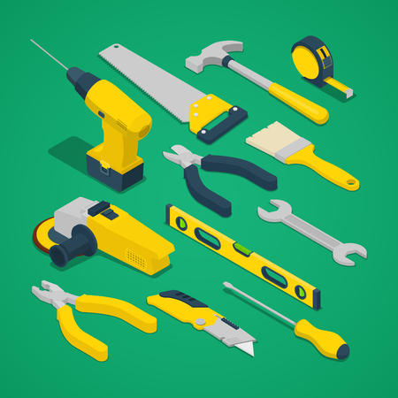 Isometric Work Tools Set with Drill Screwdriver Level and Hammer. Vector illustrationのイラスト素材