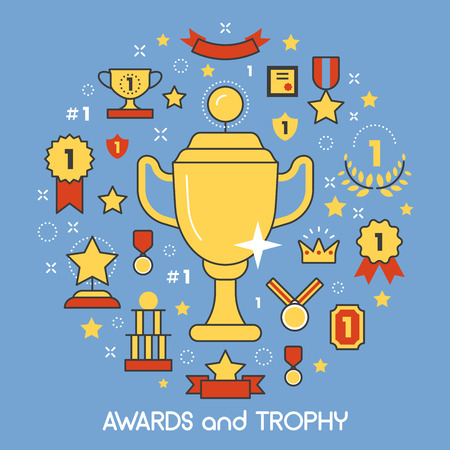 Awards and Trophy Thin Line Art Vector Icons with Cup Medal Prize. Winner Champion Conceptのイラスト素材