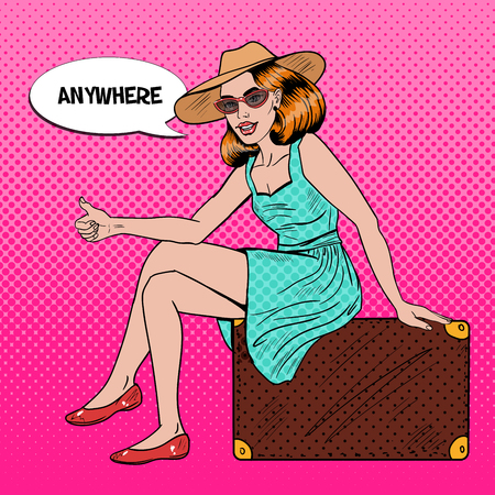 Pretty Young Pop Art Woman Traveler Hitchhiking Sitting on Suitcase. Vector illustrationのイラスト素材