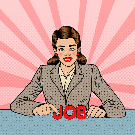 Young Smiling Woman with Letters Job. Pop Art vector illustrationのイラスト素材