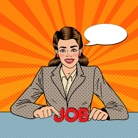 Young Smiling Woman with Letters Job. Pop Art vector illustrationのイラスト素材