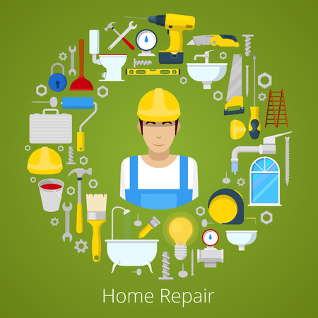 Home House Repair with Professional Worker and Repairs Tools. Vector illustrationのイラスト素材