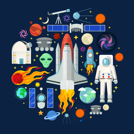 Space Icons Set with Planets Stars Shuttle and Astronaut. Vector illustrationのイラスト素材