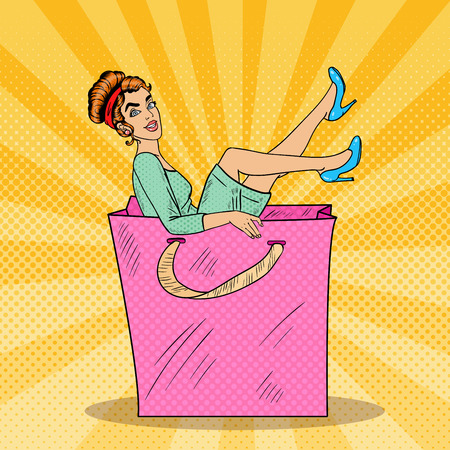 Seasonal Sale - Happy Pop Art Woman in Big Shopping Bag. Vector illustrationのイラスト素材