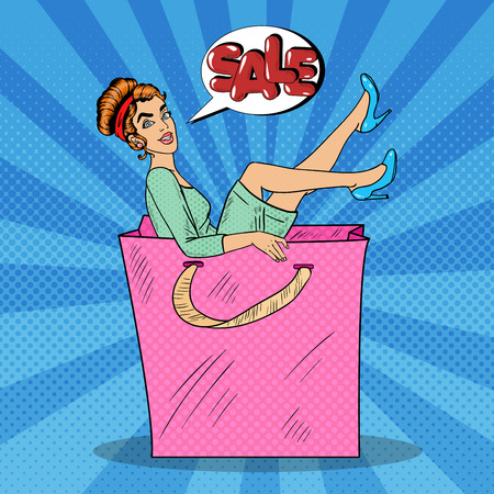 Seasonal Sale - Happy Pop Art Woman in Big Shopping Bag. Vector illustrationのイラスト素材