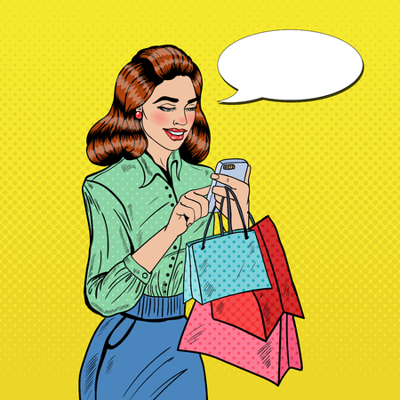 Happy Woman with Bags Using Smart Phone at Shopping. Pop Art Vector illustrationのイラスト素材