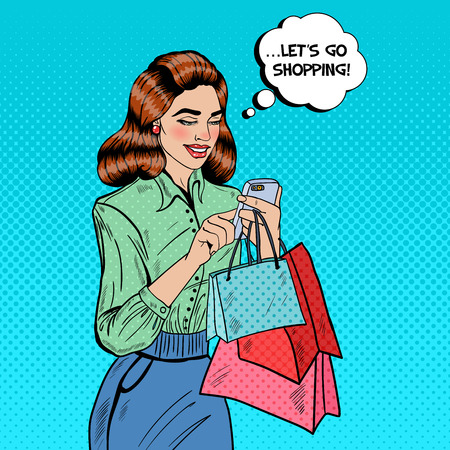 Happy Woman with Bags Using Smart Phone at Shopping. Pop Art Vector illustrationのイラスト素材