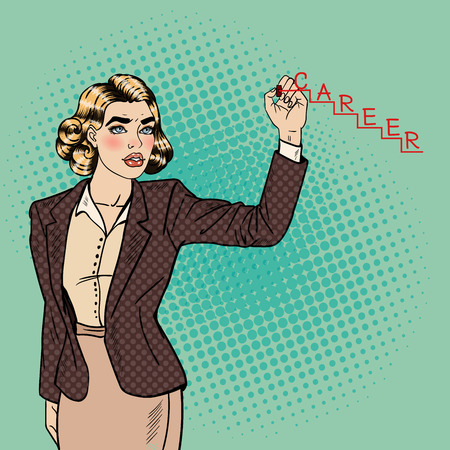 Beautiful Young Pop Art Woman Writing Word Career on the Glass. Vector illustrationのイラスト素材