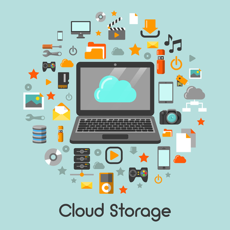Cloud Storage Data Technology Vector Icons Set with Laptopのイラスト素材
