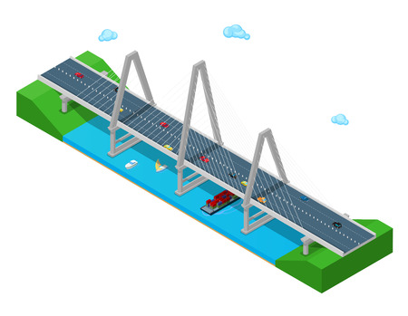 Isometric River Bridge with Ship Boat Highway and Cars. Flat 3d Vector illustrationのイラスト素材