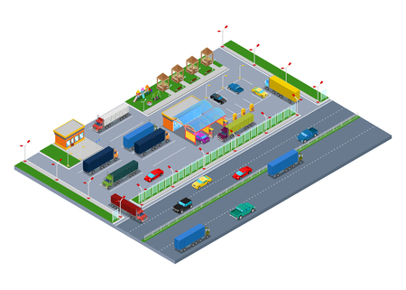 Isometric Road Highway Infrastructure with Fuel Station Truck Parking and Rest Area. Vector 3d Flat illustrationのイラスト素材
