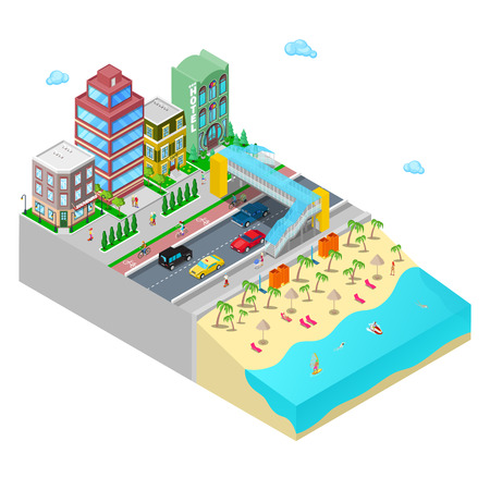 Isometric Beach Hotel with Sea Coast and Active Swimming People. Flat 3d Vector illustrationのイラスト素材