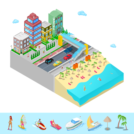 Isometric Beach Hotel with Sea Coast and Active Swimming People. Flat 3d Vector illustrationのイラスト素材