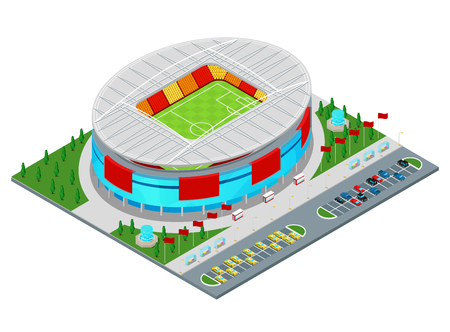 Isometric Football Soccer Stadium Building with Park and Parking Area for Cars. Flat 3d Vector illustrationのイラスト素材