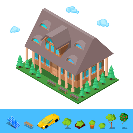 Isometric Rural Cottege Building House. Flat 3d Private Architecture. Vector illustrationのイラスト素材