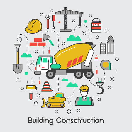 Building Construction Thin Line Art Vector Icons Set with Crane and Toolsのイラスト素材