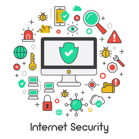 Internet Security Data Protection Line Art Thin Vector Icons Set with Computer and Network Virusesのイラスト素材