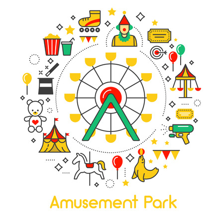 Amusement Park Line Art Thin Vector Icons Set with Ferris Wheelのイラスト素材