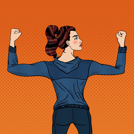Pop Art Confident Athletic Woman Showing Muscles. Vector illustrationのイラスト素材