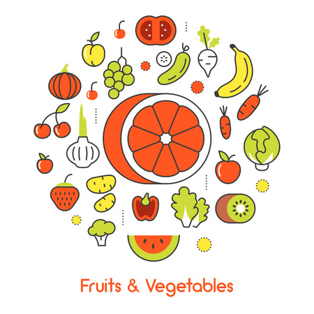 Fruits and Vegetables Thin Line Vector Icons with Banana nd Tomatoのイラスト素材