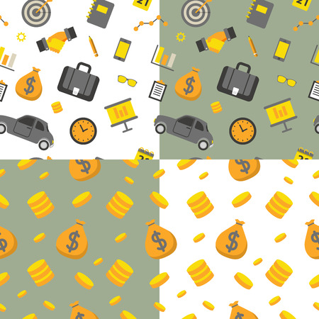 Business Seamless Pattern Set with Office Elements and Money. Vector backgroundのイラスト素材