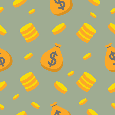 Money and Finance Seamless Pattern with Coins and Money Bag. Vector backgroundのイラスト素材