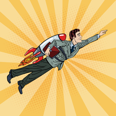 Pop Art Businessman Flying on Rocket. Business Start Up. Vector illustrationのイラスト素材