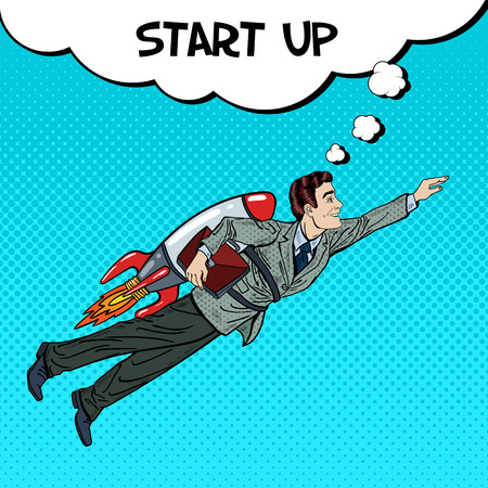 Pop Art Businessman Flying on Rocket. Business Start Up. Vector illustrationのイラスト素材