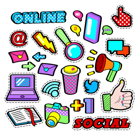 Fashion Badges, Patches, Stickers set with Social Network Elements - Laptop, Megaphone, Smartphone, e-mail in Pop Art Comic Style. Vector illustrationのイラスト素材