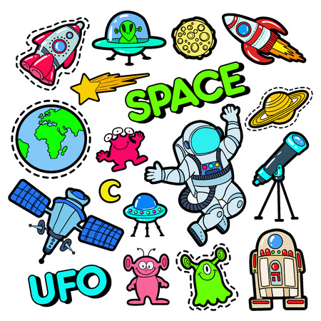Fashion Badges, Patches, Stickers set with Space, UFO, Robots and Funny Aliens in Pop Art Comic Style. Vector illustrationのイラスト素材