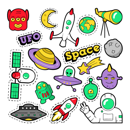 Fashion Badges, Patches, Stickers set with Space, UFO, Robots and Funny Aliens in Pop Art Comic Style. Vector illustrationのイラスト素材