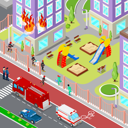 Firefighters Extinguish a Fire in House Isometric City. Fireman Helps Injured Woman. Vector 3d Flat illustrationのイラスト素材