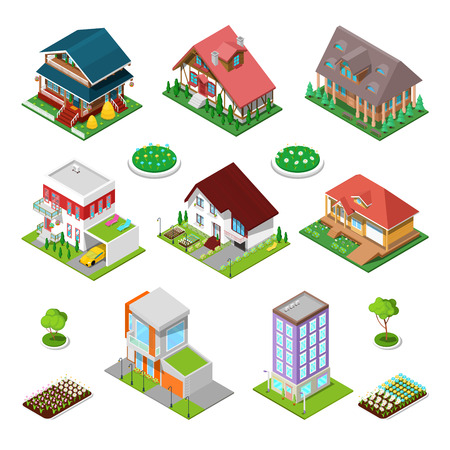 Isometric City Buildings Set. Modern Houses and Cottages with Flowers. Vector illustrationのイラスト素材