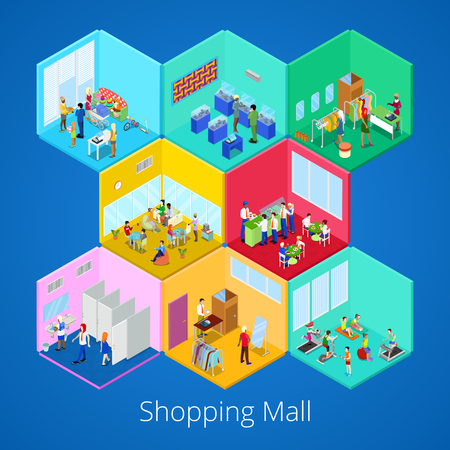 Isometric Shopping Mall Interior with Gym Fitness Club Boutique and Clothes Store. Vector illustrationのイラスト素材